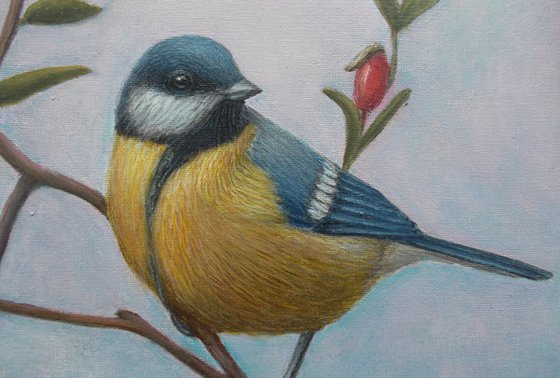bird painting "Tit and Rosehip"
