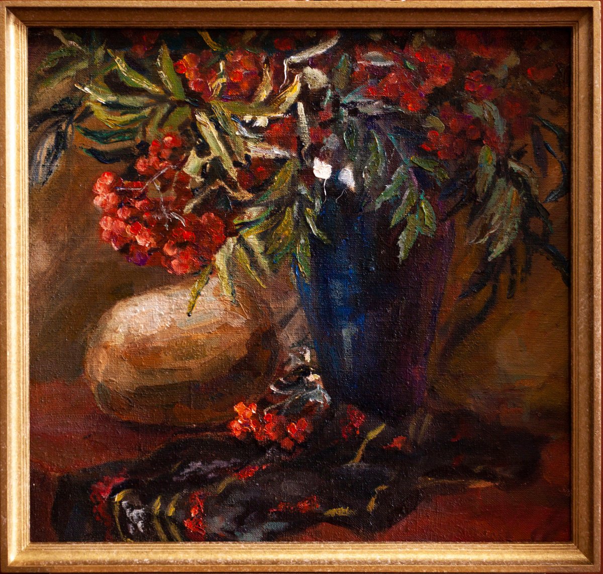 Impressionistic Still Life Oil Painting By Aleksandr Neliubin, 17 X 16, Still Life With Rowan, Original Artwork