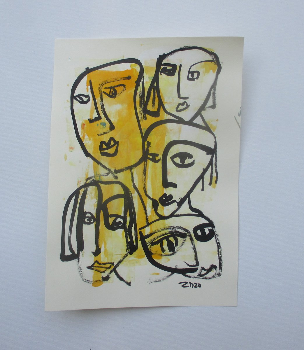 girls in yellow 8,2 x 11,4 inch unique mixedmedia drawing by Sonja Zeltner-Muller