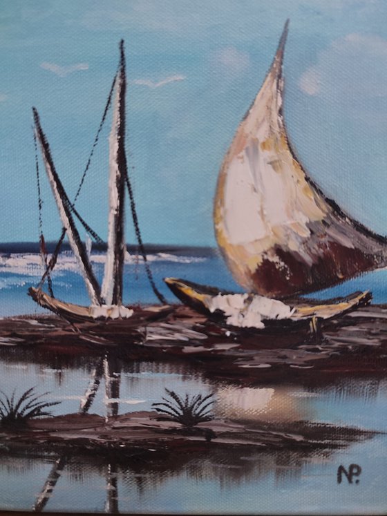 Boat, original sea ocean oil painting, impressionistic art, gift idea