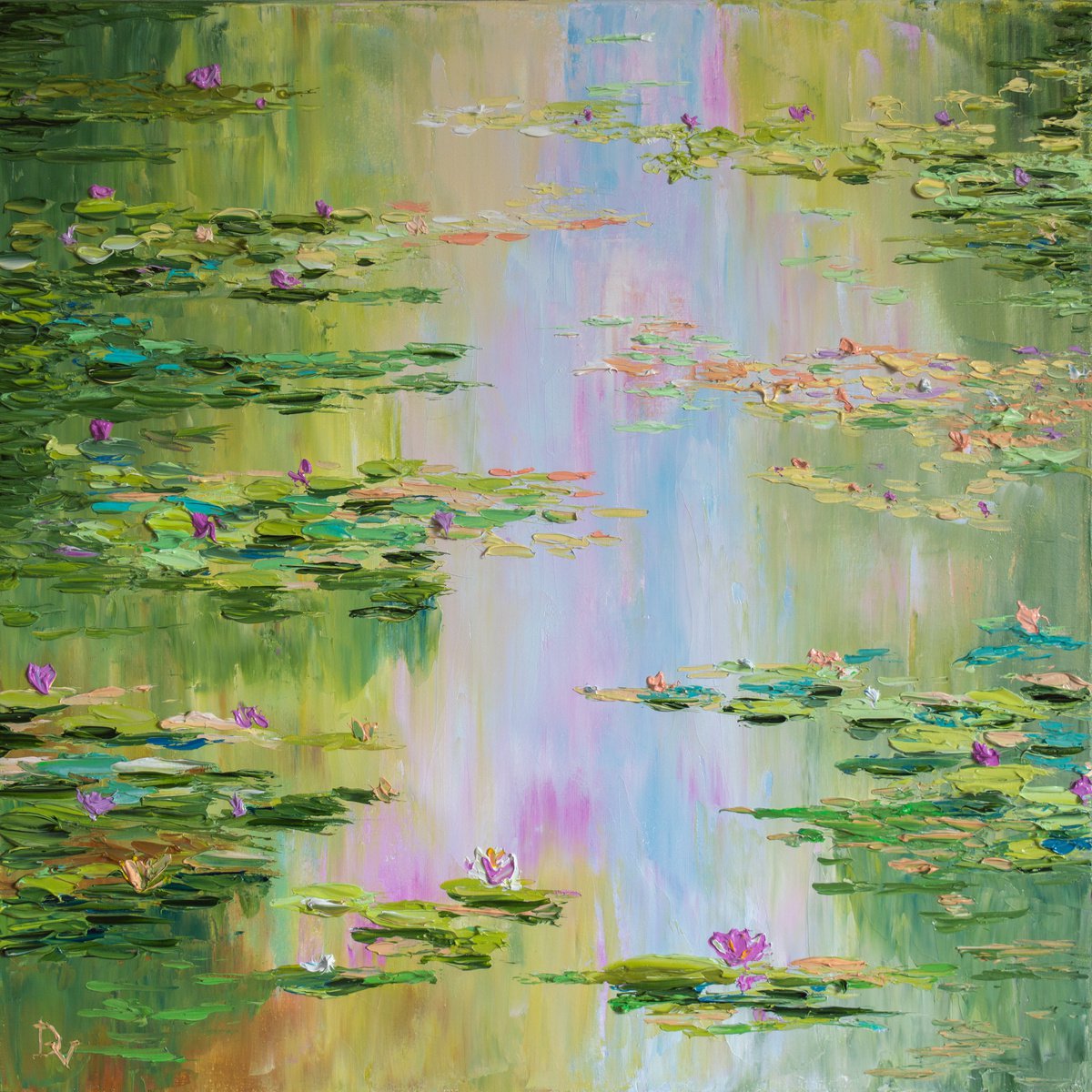 Impressionistic Landscape Oil Painting By Vladyslav Durniev, 20 X 20", Morning Pond, Original Artwork
