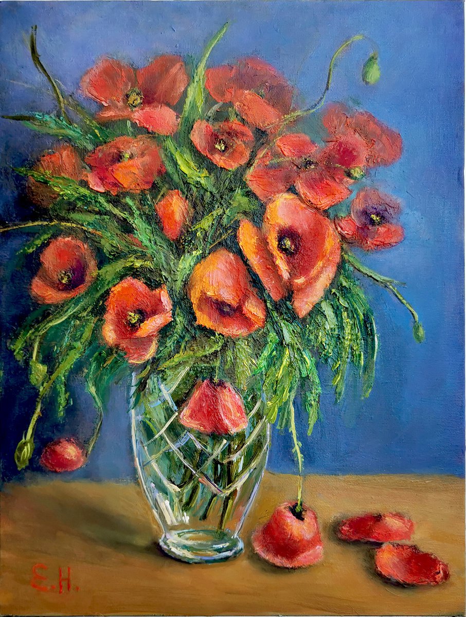 Poppy Flowers in Chrystal Vase, oil painting by Elvira Hilkevich