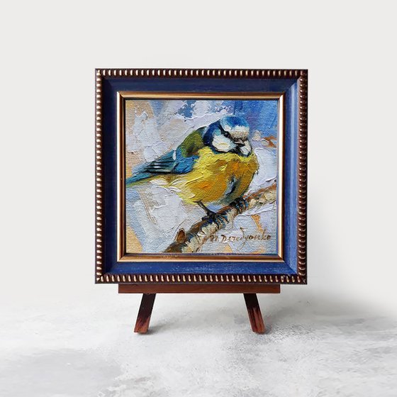 Original bird oil painting framed 4x4, Painting blue yellow bird on branch, Small painting framed of blue tit bird for bird lovers