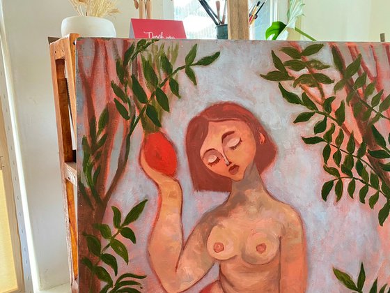 Sirens Art Modern Woman Nude, Bird Woman, canvas, oil - Garden guards 63x90 cm