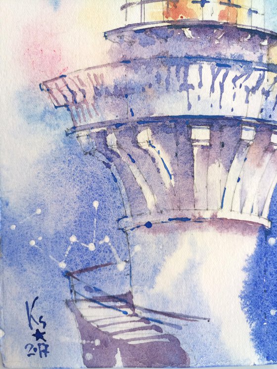 "Lighthouse on the background of the sunset sky" original watercolor