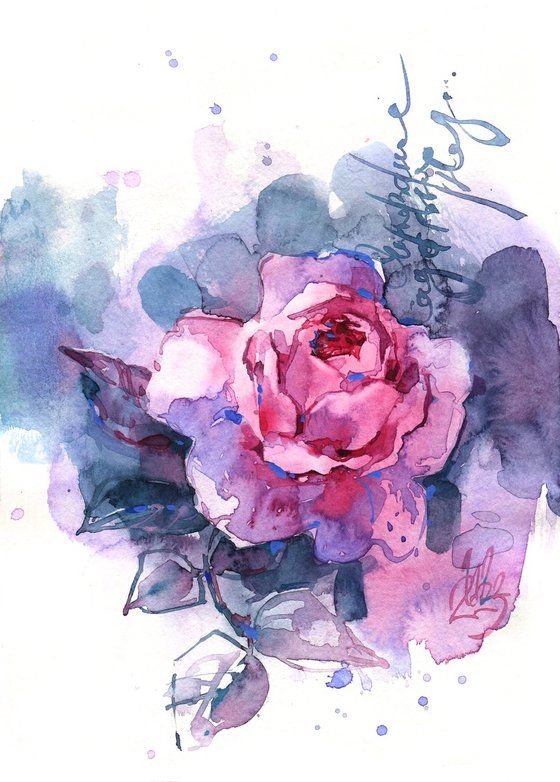 "Evening in the Garden" - Romantic watercolor sketch of a rose at dusk.