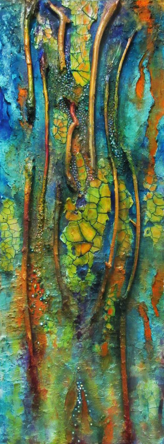 Textured painting, Earth, Water, Air and Fire, vertical mixed media modern painting