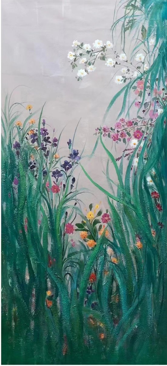 Impressionistic Botanical Oil Painting By Kunlong Wang, 22 X 47", Elegant Flowers T210, Original Artwork