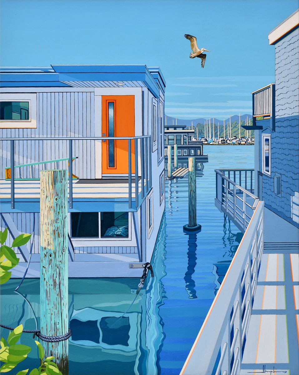 Urban And Pop Landscape Acrylic Painting By Alex Nizovsky, 24 X 30, Houseboats With Pelican, Original Artwork