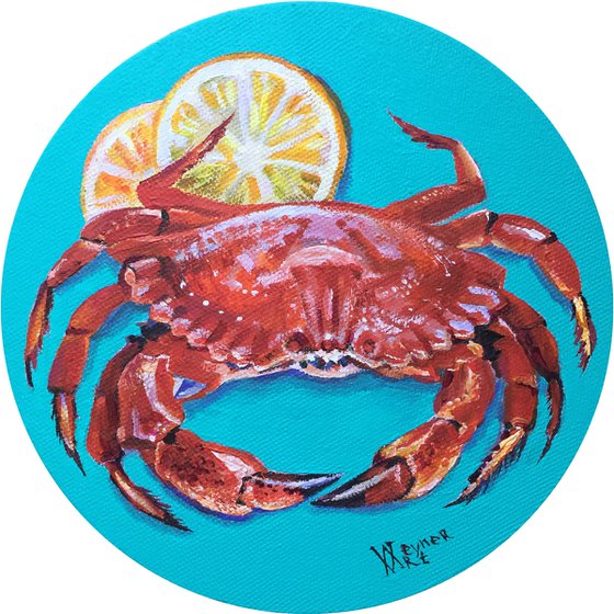 Crab and lemon. Round painting, home decor.