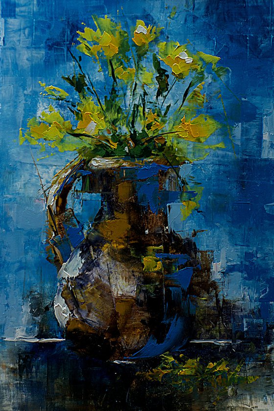 Modern still life painting with flowers in vase. Gift art