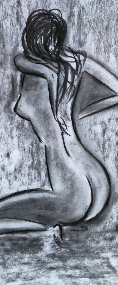 Nude Drawing Female Original Art Woman Nude Painting Black Monochrome Erotic Home Wall Art 13 by 18"  by Halyna Kirichenko by Halyna Kirichenko