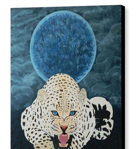 The Protector - Original, unique, contemporary figurative big cat full moon painting