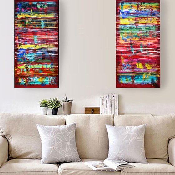 Rainbow A360 Large abstract paintings Palette knife 50x200x2 cm set of 2 original abstract acrylic paintings on stretched canvas