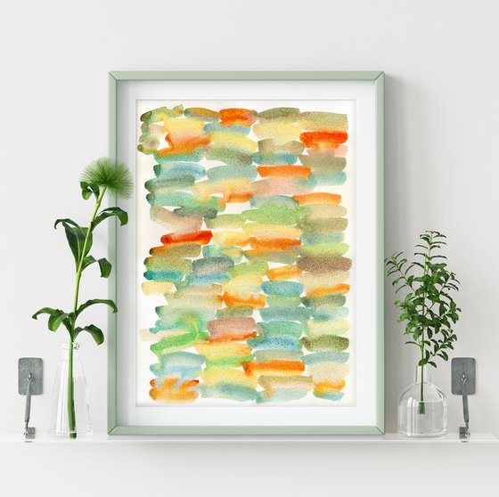 Abstract green and orange watercolor and colored pencils illustration. Tropical mood