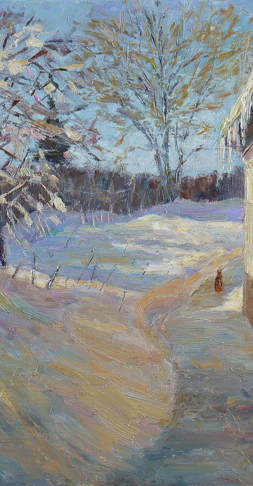 The March Yard - sunny spring landscape painting by Nikolay Dmitriev