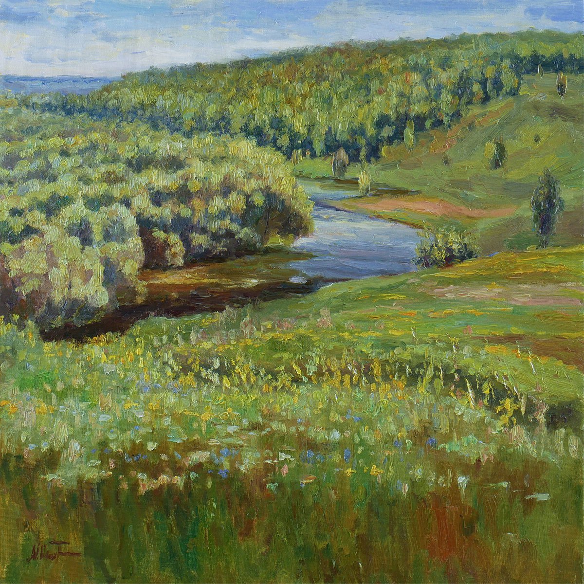Sunny river spring landscape painting by Nikolay Dmitriev