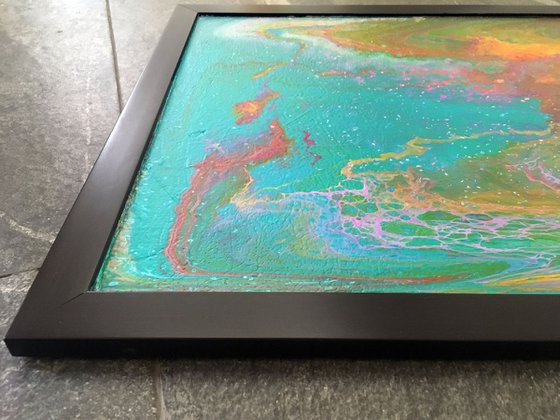 "Waterworld, Coming Soon" - FREE USA SHIPPING - Original Abstract PMS Fluid Acrylic Painting, Framed - 26 x 20 inches