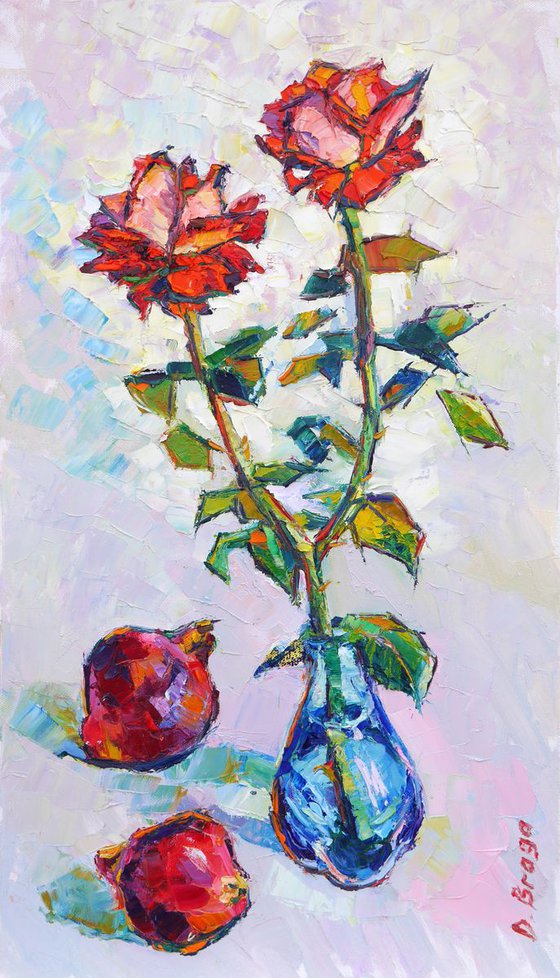 Pomegranates and roses ( palette knife original oil painting )