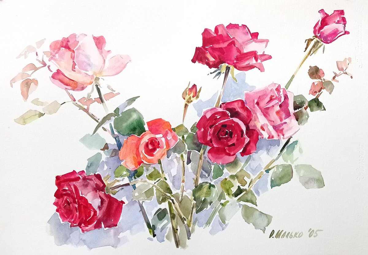 Bright roses. Sketch / ORIGINAL watercolor ~20x14in (50x35cm) by Olha Malko