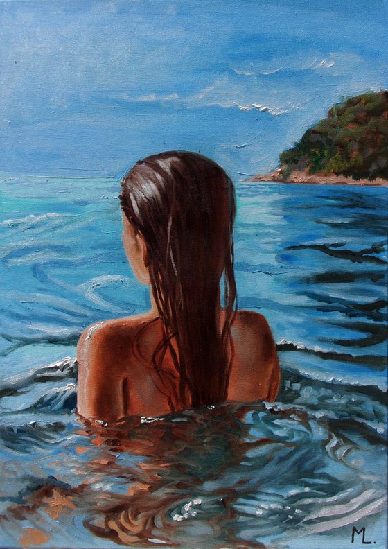 " FIRST LESSON ... " original painting SEA summer GIFT sea swimming