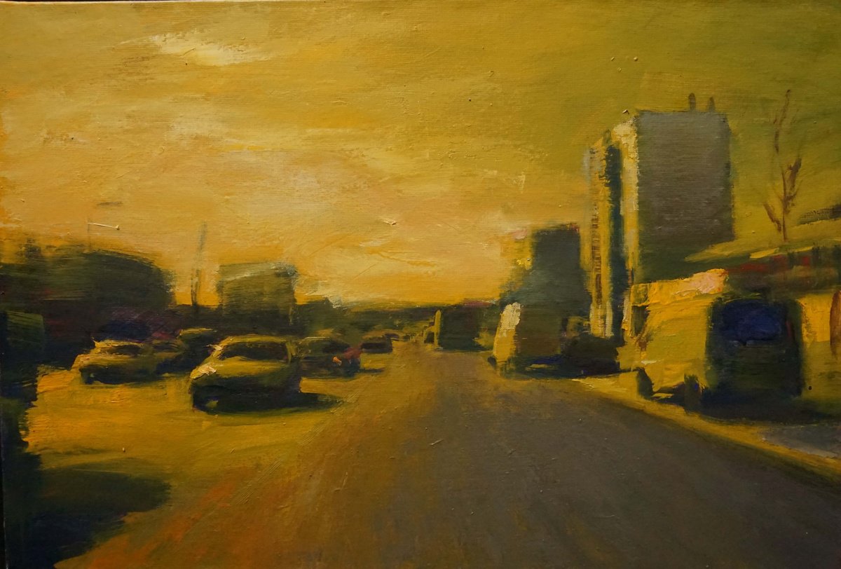 Expressive Cityscapes Oil Painting By Manuel Leonardi, 29 X 20", Yellow Suburb, Original Artwork