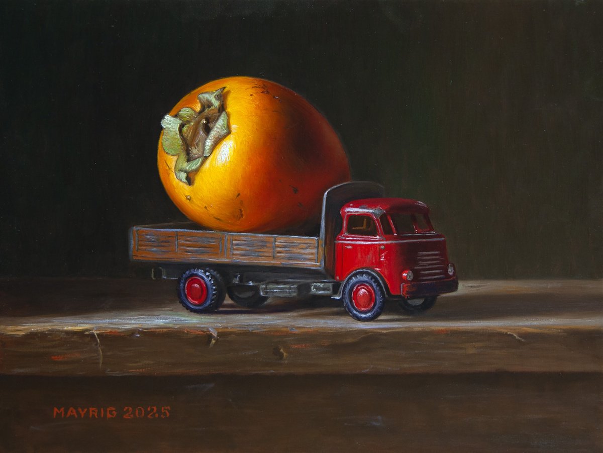 Photorealistic Still Life Oil Painting By Mayrig Simonjan, 13 X 9", Persimmon Transport, Original Artwork