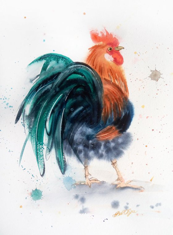 Proud Rooster - country decor - farm art - bird art - rooster painting - farm decor - rooster watercolour - chicken watercolour