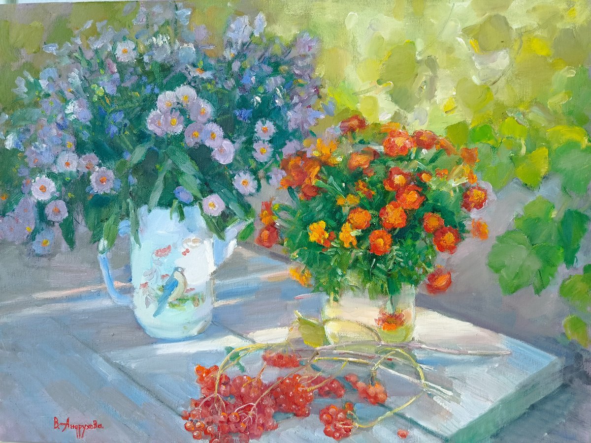 Impressionistic Still Life Oil Painting By Valentina Andrukhova, 24 X 18", In The Garden, Original Artwork