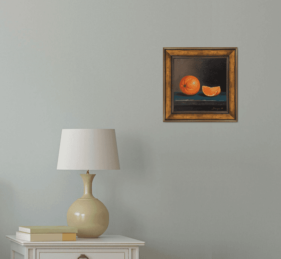 Still life - orange (25x25cm, oil on canvas, framed)