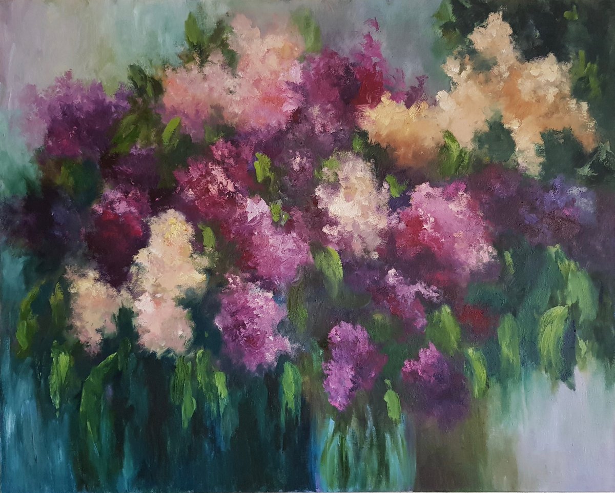 Impressionistic Botanical Oil Painting By Svetlana Grishkovec-Kiisky, 39 X 31", Lilac, Original Artwork