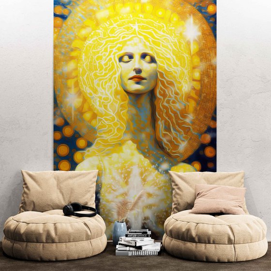 Inner Light. 180 x 120 cm. Magical radiance of the soul. Futuristic fantasy fabulous esoteric surreal mystery harmonious artwork. Yoga meditation relaxation pray aura grace Large format wall art on canvas. Original golden yellow huge digital painting for home decor