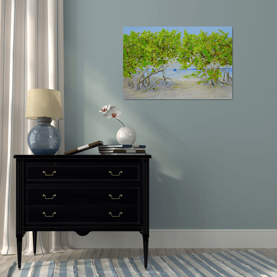 DAY ON THE BEACH. Tropical Island Seascape Painting of Florida Beach and Fishing Boat.