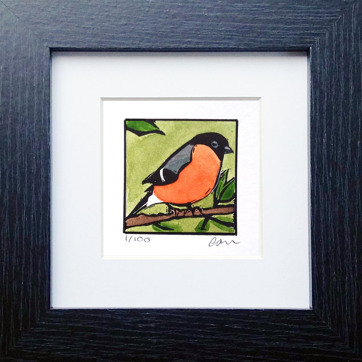 Bullfinch - miniature hand painted linocut print - Framed and ready to hang by Carolynne Coulson