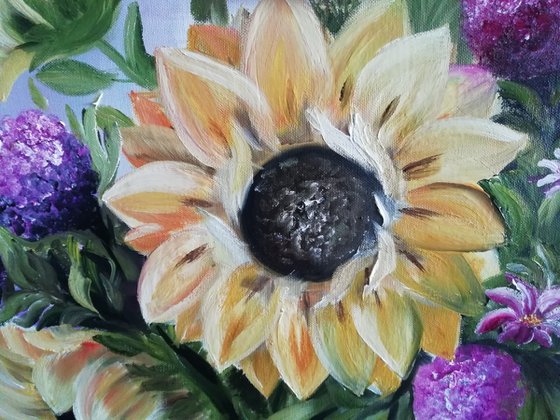 Sunflowers in a vase, original summer flowers, gift idea, bedroom painting