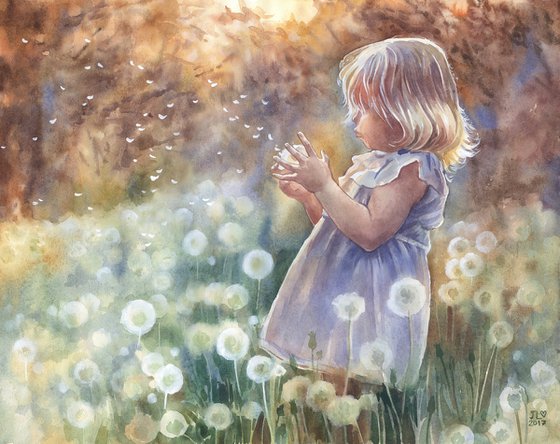 Girl with dandelions Watercolor Painting
