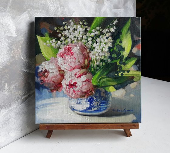 Lily of the valley and peonies flowers in the summer shine, Floral painting on canvas