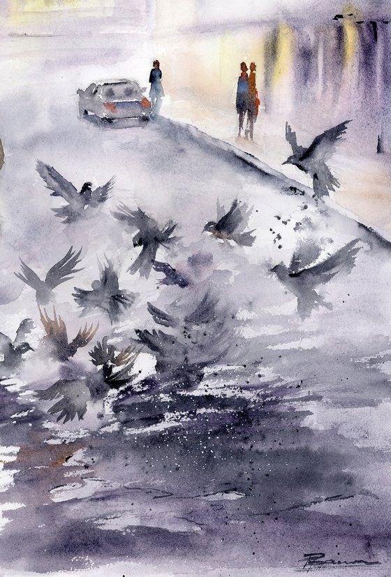 Misty Street with Birds
