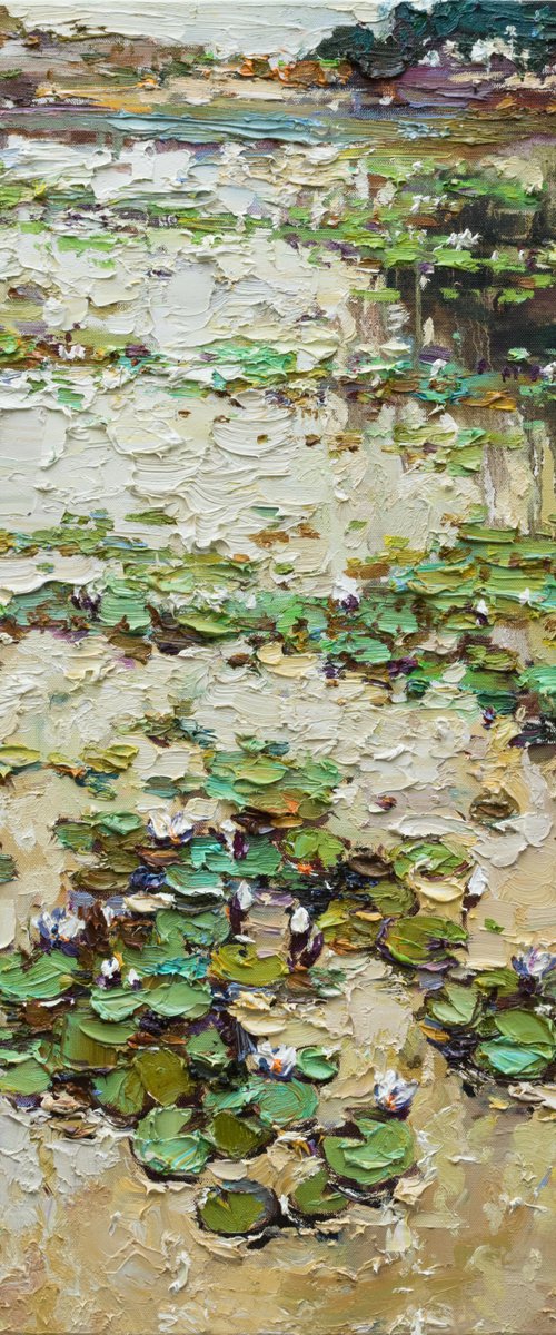 Water lily pond at sunset- Original Oil painting by Anastasiia Valiulina