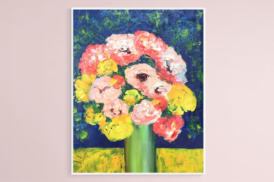 Yellow Pink and red flowers in a vase