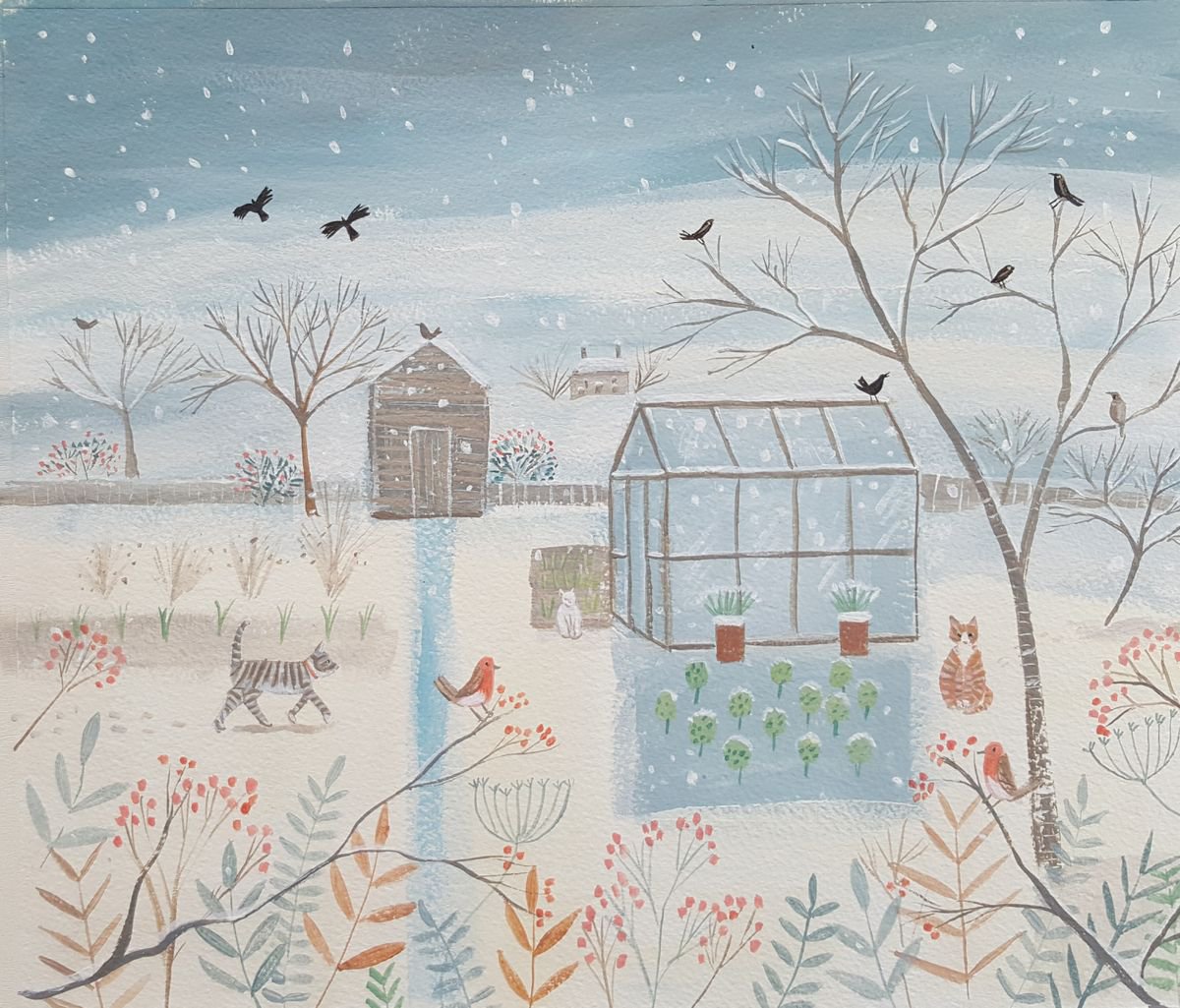 Illustrative Acrylic Painting , Winter Allotment By Mary Stubberfield, 13 X 11, Artwork For Sale On Artfinder