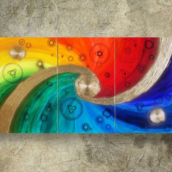 Rainbow Gold Large painting A297 100x180x2 cm set of 3 original acrylic paintings on stretched textured canvas