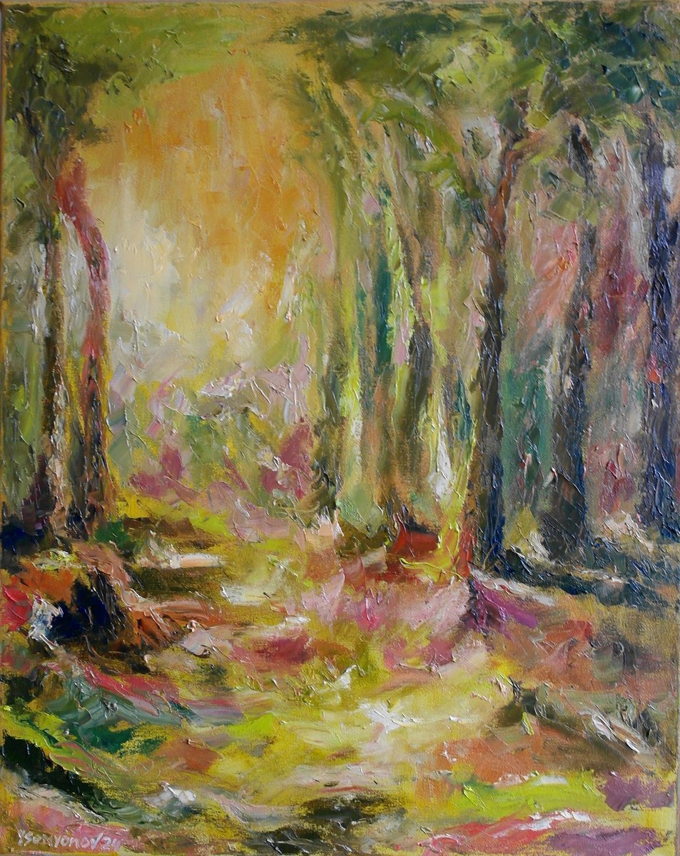 Expressive Abstract Oil Painting By Juri Semjonov, 16 X 20", Old Forest #4, Original Artwork
