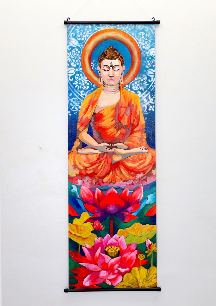 Expressive Portrait Acrylic Painting By Poovi Art, 16 X 47", Buddha- Where Emotions Rest, Original Artwork