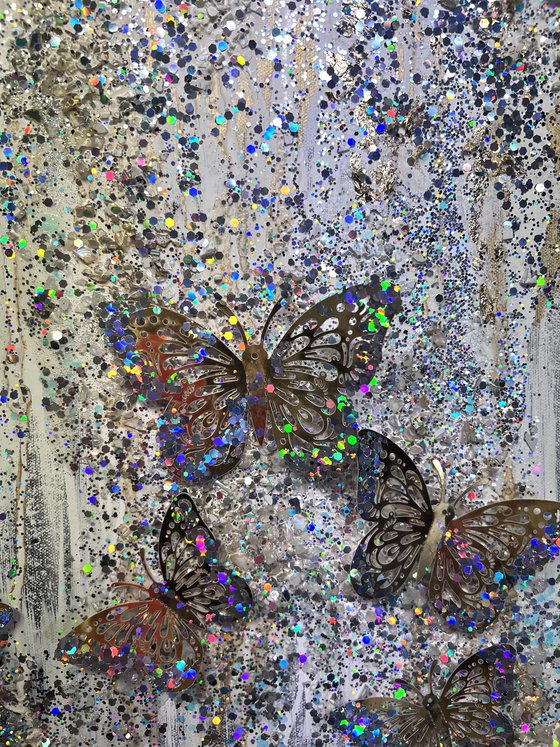 Butterflies oasis white gold glitter glass holographic abstract 3d painting with golden butterflies