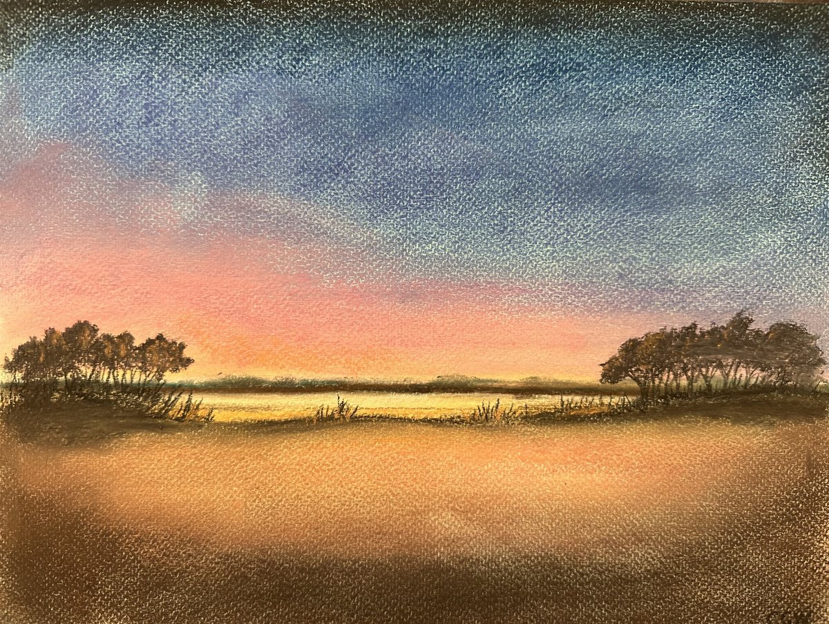 Impressionistic Landscape Pastel Drawing By Catherine Winget, 12 X 9, Winter Trees At Sunset - Landscape, Original Artwork