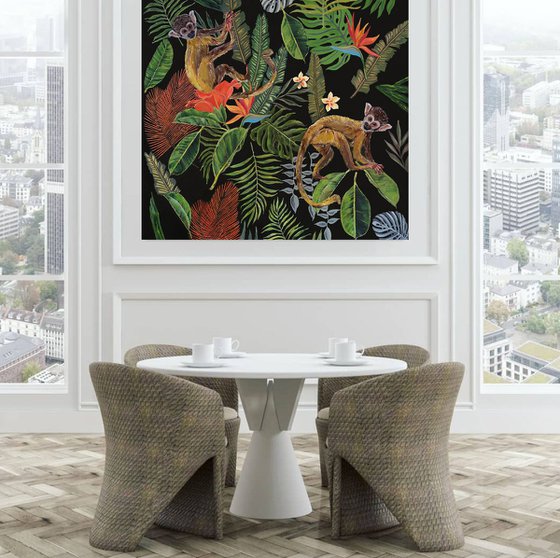 Jungle - Tropical - Monkeys - Art-Deco - Organic Floral, XL LARGE PAINTING