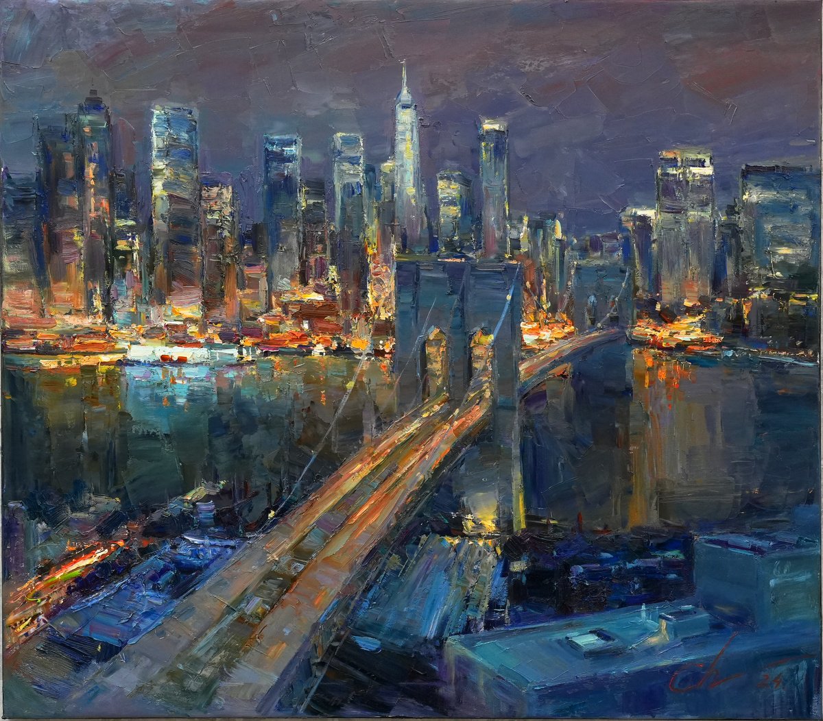 Impressionistic Cityscapes Oil Painting By Serhii Cherniakovskyi, 37 X 31", Evening Of Brooklyn Bridge, Original Artwork