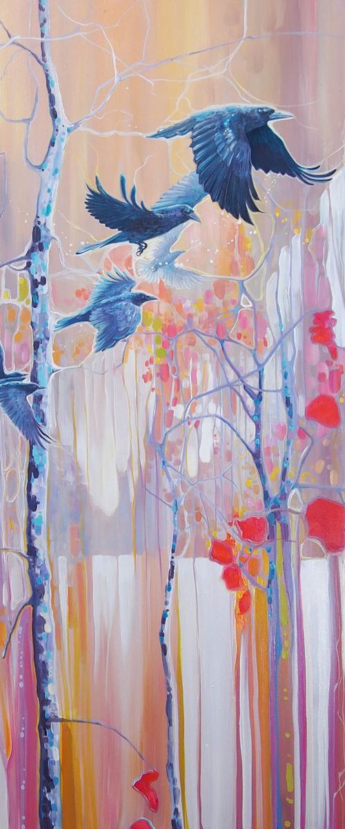 The Ravens Quest - ravens in semi abstract winter landscape by Gill Bustamante