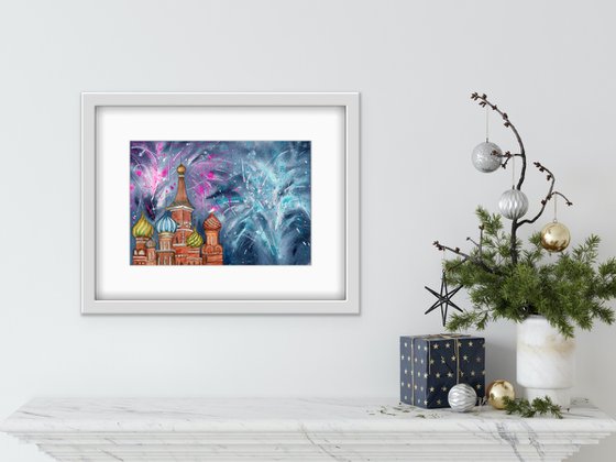 Festive fireworks in Moscow. New year's night. Original watercolor artwork.